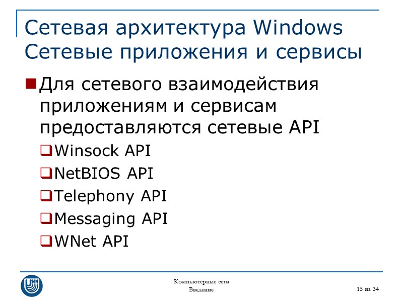 Компьютерные сети Введение 15 из 34 Сетевая архитектура Windows Сетевые приложения и сервисы Для